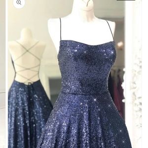 New navy blue floor length prom dress